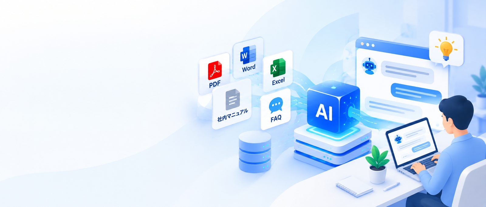 社内マニュアルやPDF・Word・Excelの資料をもとに、AIがチャットで答えるイメージ